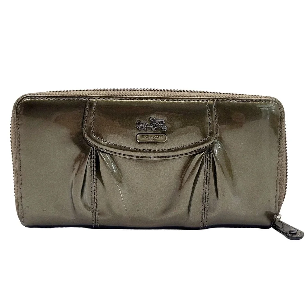 Coach Bifold Accordion Wallet Green Olive ID's Cards Bills Coins Round Zip - Picture 1 of 8